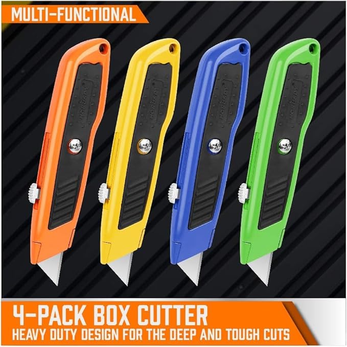 HORUSDY 4-Pack Box Cutter Utility Knife, Heavy Duty Aluminum Shell Retractable Box Cutter for Cardboard, Boxes and Cartons, Extra 10 Blades