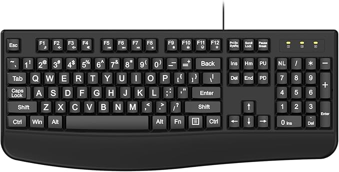 Large Print Keyboard, 2.4G Full-Sized Ergonomic WiredComputer Keyboard with Wrist Rest for Windows, Mac OS Laptop/PC/Desktop/Notebook(Large Print Black)