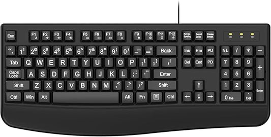 Large Print Keyboard, 2.4G Full-Sized Ergonomic WiredComputer Keyboard with Wrist Rest for Windows, Mac OS Laptop/PC/Desktop/Notebook(Large Print Black)
