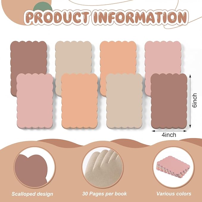 Eaasty 8 Pack Scalloped Sticky Notes 4" X 6" Brown Memo Pads | Aesthetic Cute Wavy Edges, Self-stick for School Office Desk, 240 Sheets Bulk, Pretty Design for Reminders Planning