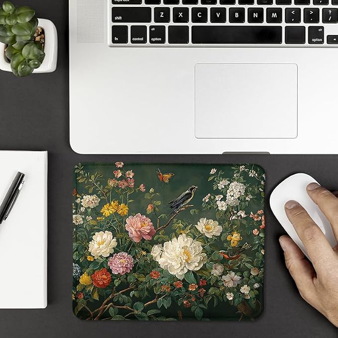 Vintage Spring Bird Floral Square Mouse Pad, Dark Green Cottagecore French Country Flower Garden Mousepad Mat for Home Office Computer Gaming Desk Accessories 9.5x7.9 in