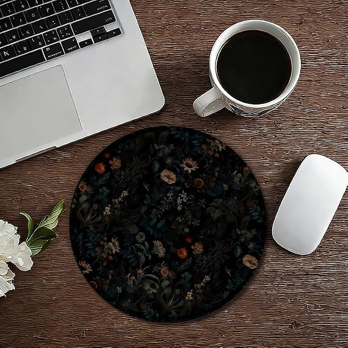 Dark Gothic Moody Floral Round Mouse Pad, Black Boho Mystical Exotic Botanical Flower Mousepad Mat for Home Office Computer Laptop Desk Accessories 7.9x7.9 in