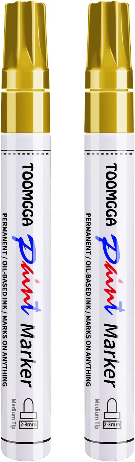 TOOMGGA 2 Gold Paint Pens Permanent Paint Markers, Oil Based Medium Tip | Marking Pens, Quick Drying, Waterproof, Fade-resistant, for Rock Painting, Car Tyre, Metal, Plastic, Canvas, Mugs, Wood
