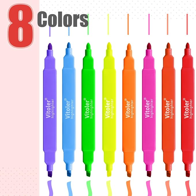 Vitoler Highlighters Assorted Colors, 8 Pack Dual Tip Pastel Highlighters | For teachers, For nurses, For women, For bibles, For markers, For writing, For journaling, For office, For School Supplies