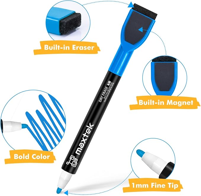 maxtek Magnetic Dry Erase Markers, Fine Tip, 12 Colors, 36 Count | Low Odor, Whiteboard Markers, Built-in Eraser