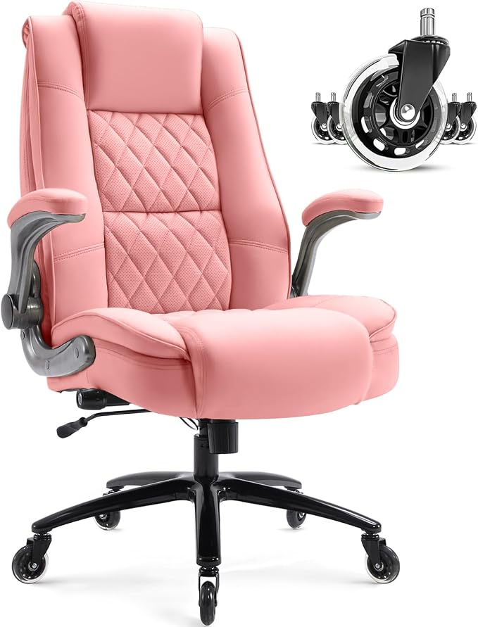 High Back Office Chair, Ergonomic Executive Computer Desk Chair | Flip Arms, Adjustable Built-in Lumbar Support, Thick Padded, Strong Metal Base, Quiet Wheels Work Chairs for Long Hours