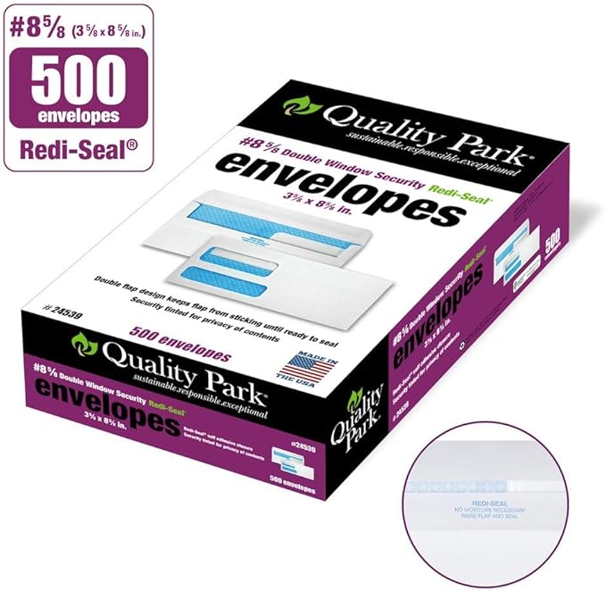 Quality Park #8 5/8 Security Envelopes, Double Window, Self Seal Envelopes for Invoices/Statements, 3-5/8" x 8-5/8", 24 lb White, 500/Box (QUA24539)