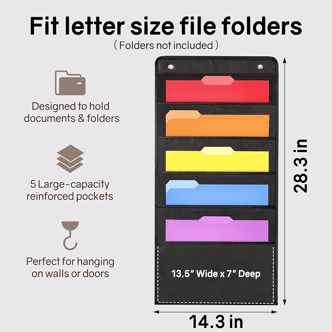 SUNEE 5 Pockets Hanging Wall File Organizer, Black Storage Pocket Chart for File Folder and Paper, Space Saver for Office and Classroom, with Wall Hangers, Over The Door Hooks, Labels