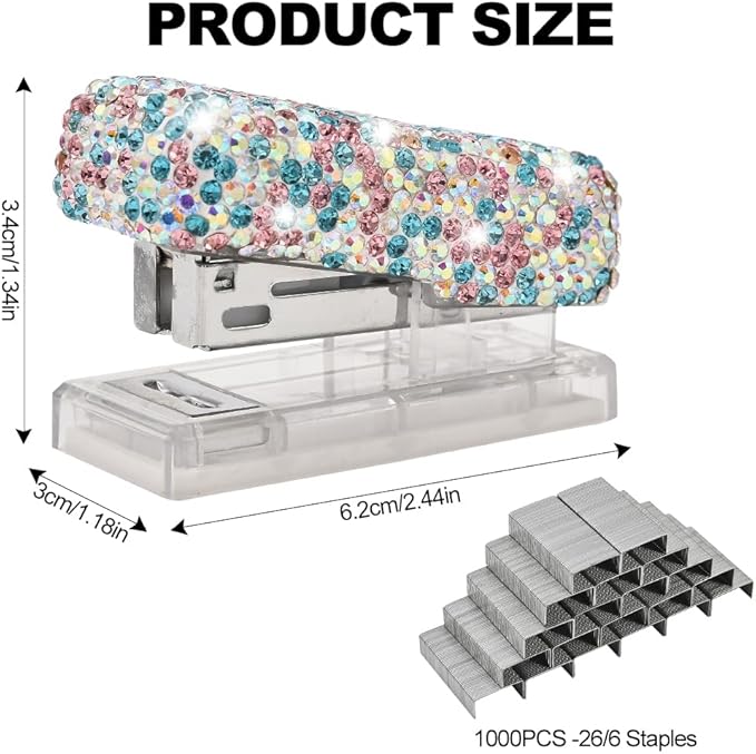Bling Rhinestone Stapler, Sparkly Diamond Staplers, Cute Desk Stapler for Women & Girls, Bling Crystal Machine Pretty Office Stationery Kit (Blue with AB Color Plated, Small)
