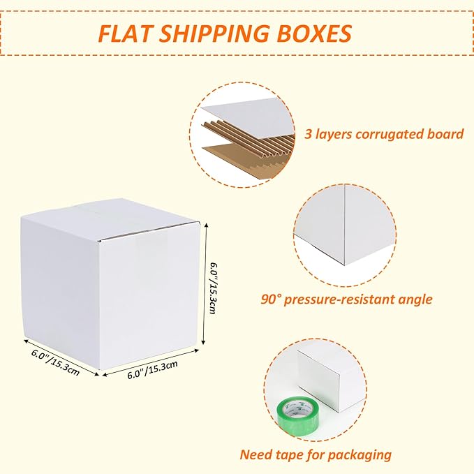 HORLIMER 40 Pack 6x6x6 Shipping Boxes, White Corrugated Cardboard Box for Mailing, Packaging, Small Business