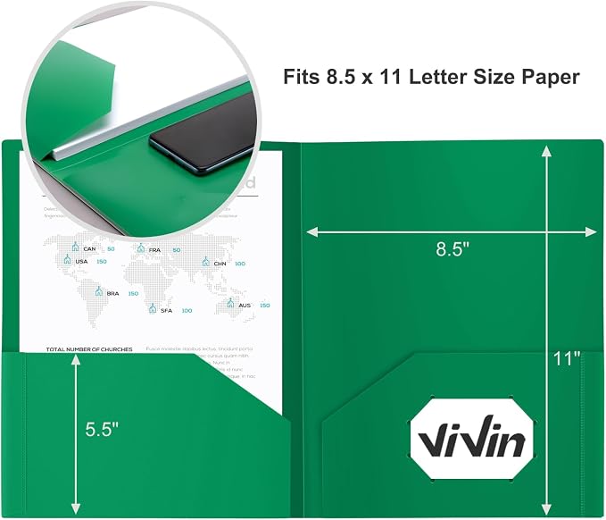 ViVin 12-Pack Green Plastic Folders with Pockets, Fits 8.5 x 11 Inch Letter Size Papers, Poly Folders with 2 Pocket, for Kids, Students, Teacher