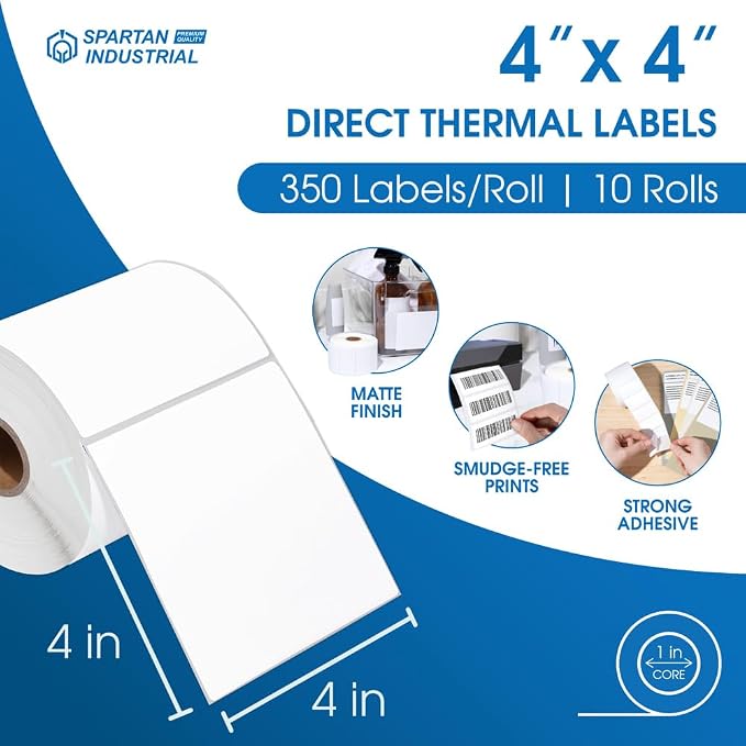 4" X 4” Direct Thermal Labels (3500 Count, 10 Rolls) Perforated | Postage Shipping Labels, UPC Barcode Stickers for Inventory - Compatible With Zebra and Rollo Printers - Spartan Industrial