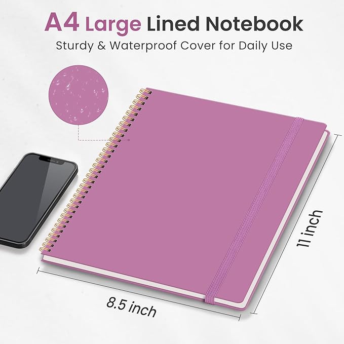 Taja Spiral Lined Notebook, 8.5"x11" Notebooks for Work, 6 Pack, Large A4 Journal for Women & Men, College Ruled Journaling Notebook for Writing, 6 Pcs, Plastic Cover Spiral Journal, Purple