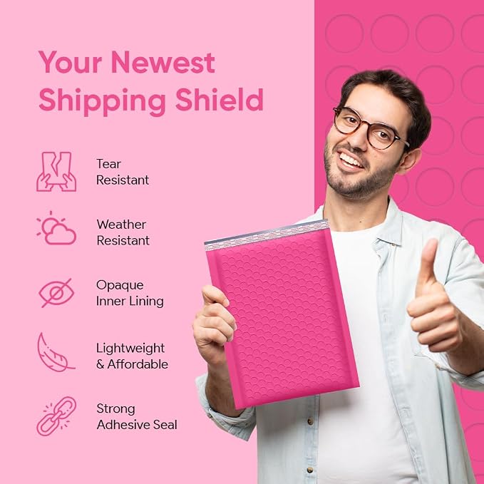 Hot Pink Bubble Mailers 6x10, Self Seal Poly Padded Envelopes #0, 250 Pack | Fits Cards, CDs & Small Items,No Tape Needed,Cushioned Protection,Water-Resistant Poly,Bulk Pack for Small Business