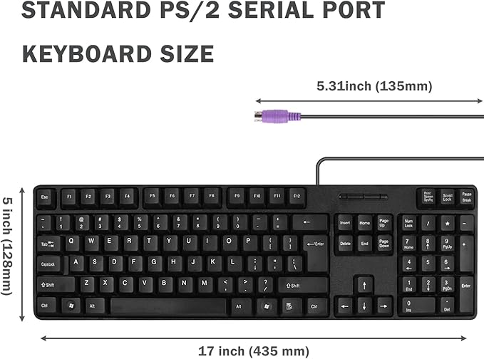 MCSaite Wired PS2 104 Keys Computer Keyboard with Stands,Black,Waterproof - US Layout Compatible for Windows, PC, Laptop