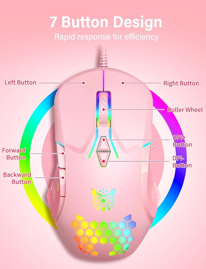 Wired USB Mouse, Computer Mouse with RGB Lighting, 4 Adjustable DPI, Ergonomic Optical Office Mouse, 7 Buttons Corded Mice for Window/PC/Laptop/Desktop/Mac/Chromebook, Pink