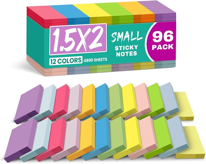 Taja 96 Pads Sticky Notes, 1.5"x2" Inches Mini Sticky Notes Pads, Bright | Bulk Small Sticky Notes for Quick Reminders and Color Coding, Mini Sticky Notes for Office, School and Home Organization