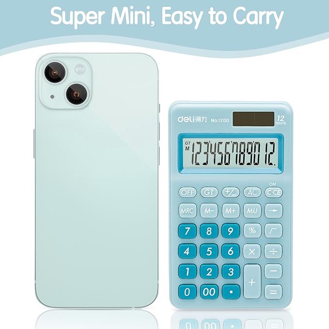 Deli Standard Function Basic Calculator, 12 Digit Desktop Calculator with Large LCD Display, Solar Battery Dual Power Office Calculators, Blue