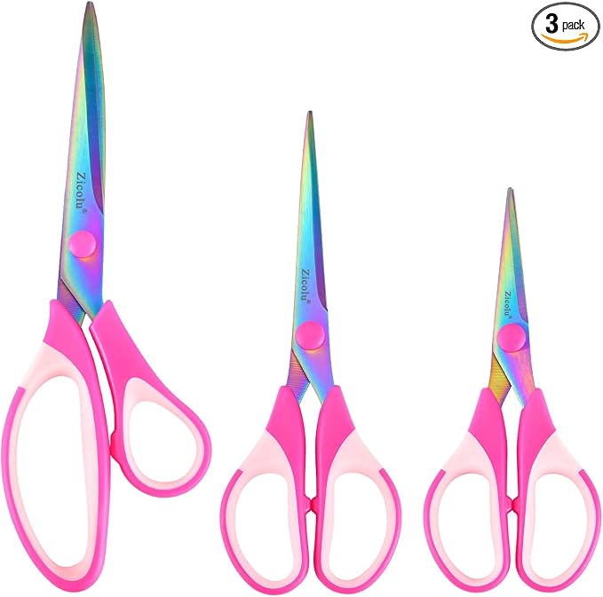 Zicolu Craft Scissors Set of 3 pack, Sharp Rainbow Titanium Coating All Purpose Scissors, Ergonomic Semi-Soft Rubber Grip, Suitable for School, Office and Household Use, Pink, 8.5''/6.5''/5.5"