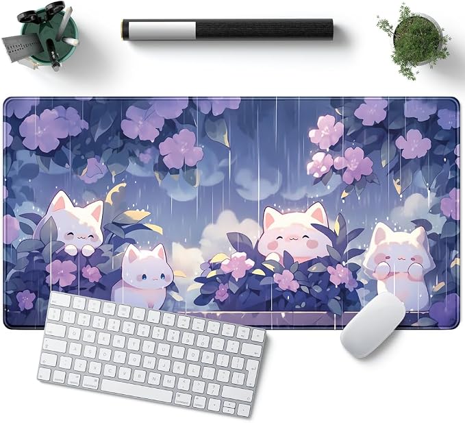 Kawaii Cat Desk Mat XXL Extended Purple Gaming Mouse Pad Large Mousepad | Cute Desk Mat Keyboard and Mouse with Stitched Edges Desk Pad for Game Office Home Desk Purple Decor 31.5x15.7 in
