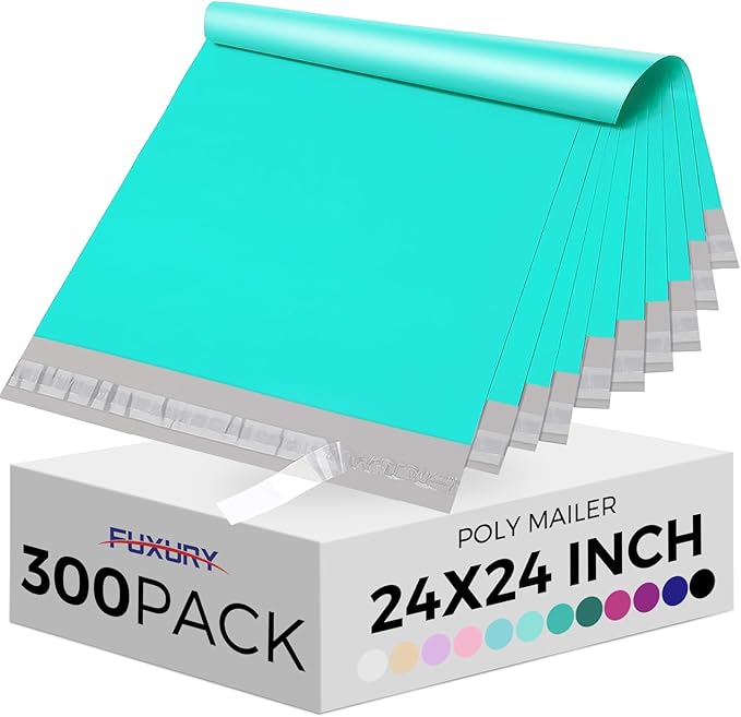 Fuxury Large Poly Mailers 24x24 Inch 300 Pcs, Bulk Shipping Bags for Clothing, Strong Adhesive Shipping Envelopes for Small Business Suppliers,Waterproof Mailers Poly Bags Mailing Envelopes Teal