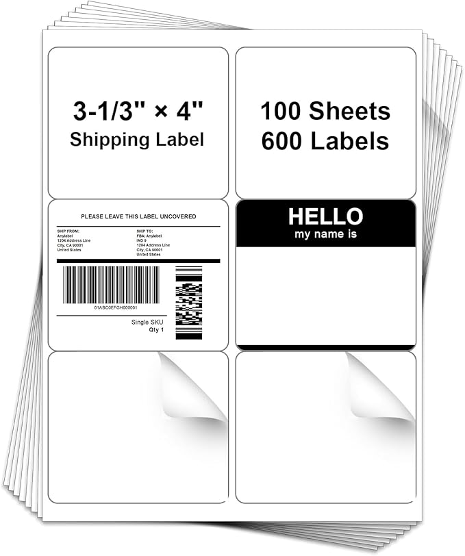 3-1/3" x 4" Shipping Address Labels for Laser & Inkjet Printer - 6 Per Page Mailing Labels for Packages Permanent Adhesive, 6 up 3-1/3" x 4" Stickers Paper (100 Sheets, 600 Labels)