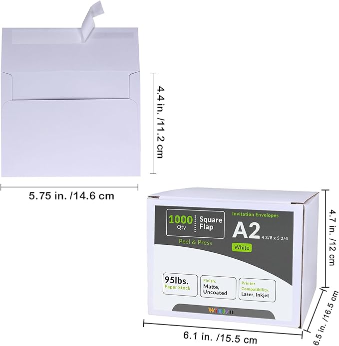 Winlyn 1000 Pcs White A2 Invitation Envelopes, Peel & Press Self Seal, 4 3/8 x 5 3/4 Square Flap, RSVP & Return Envelopes, 95lb. Paper, Perfect for Announcements, Greeting Cards, Letters