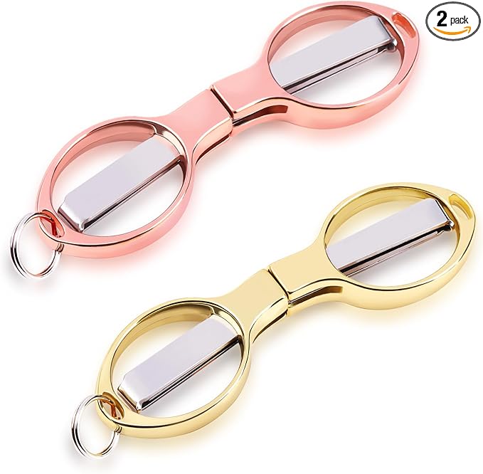 2PCS Folding Scissors, Portable Travel Scissor, Gift for Men Glasses Shaped Mini Shear Telescopic Cutter, Anti Rust Stainless Steel Scissors for Fishing Sewing Home Office (Rose Gold, Gold)