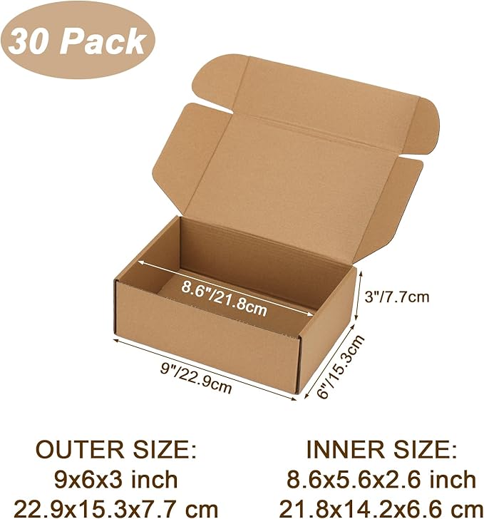 9x6x3 inch Shipping Boxes Set of 30 Brown, Inner Size 8.6x5.6x2.6 inch Cardboard Box Mailers for Small Business Packaging Mailing or Gift Wrapping Giving