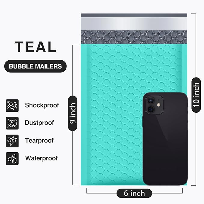 UCGOU Bubble Mailer 6x10 Inch 100 Pack Usable Size 6x9 Inch Teal Poly Padded Envelopes Waterproof Bubble Bags for Small Business Shipping Self Seal Mailing Envelopes for Jewelry Makeup Supplies