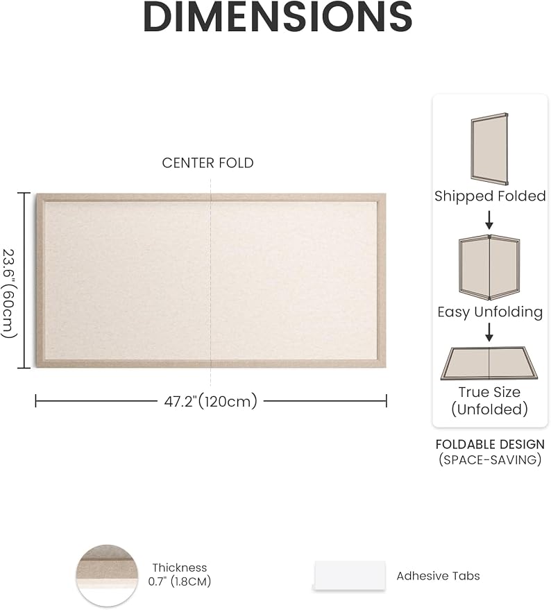 Fluxynara 47.2" x 23.6" Felt Frame Bulletin Board, Oatmeal | Cork Board Alternative with 36 Removable Adhesive Tabs, Foldable Pin Board for Wall, Home, Office, Classroom & Dorm