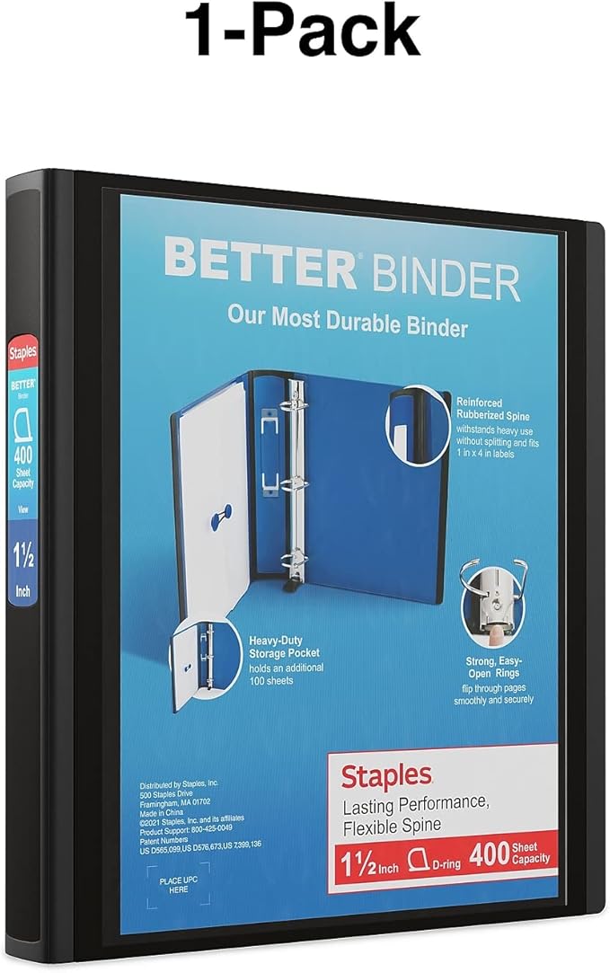 Staples Heavy-Duty 1.5-Inch D-Ring Binder, Black – Large Capacity 3-Ring Binder, Holds Up to 400 Sheets for School & Office