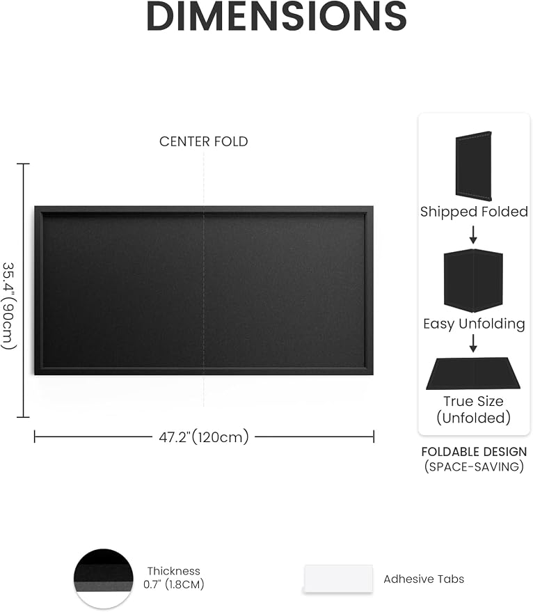Fluxynara 47.2" x 35.4" Felt Frame Bulletin Board, Black | Cork Board Alternative with 36 Removable Adhesive Tabs, Foldable Pin Board for Wall, Home, Office, Classroom & Dorm