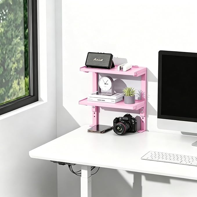 Spacrea Clamp on Desk Shelf, 2 Tier Office Desk Shelves Organizer, Wood Desktop Supplies Storage Rack, Desk Organizers and Accessories (Pink)