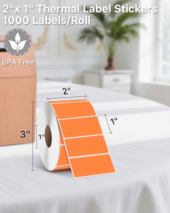 iEager 2x1 Inch Thermal Labels, Orange Rectangle Thermal Printer Stickers, Durable Shipping Label Printer Sticker for Barcode, Name, Address, 1000 Labels/Roll