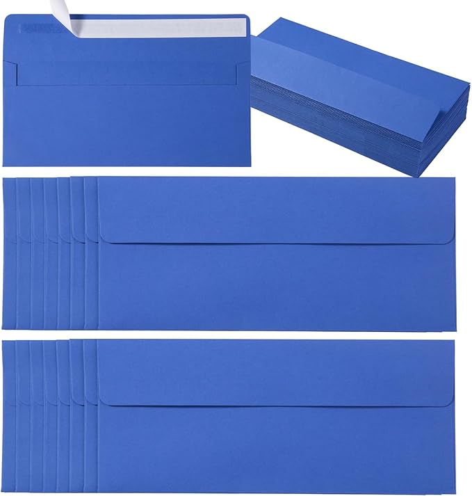 100 Pack Colored #10 Business Envelopes, 4.13 x 9.49 Inches, Blue | Self Seal, Standard Envelopes, For Office Checks, Business Letter Mailing, Greeting Card