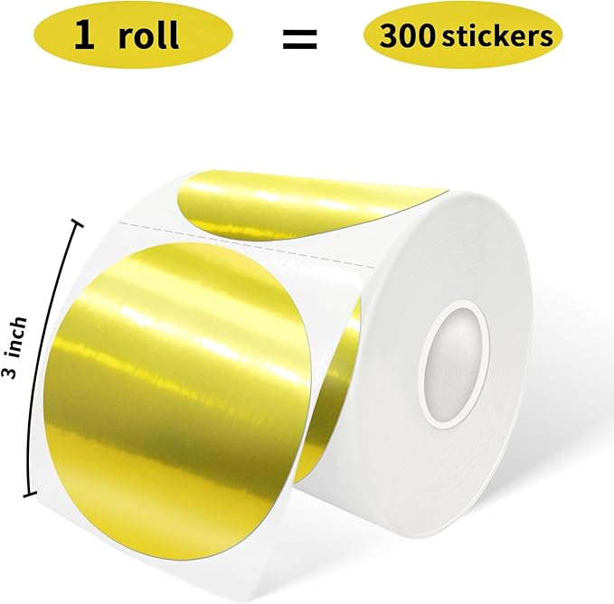3" Circle Holographic Thermal Label Stickers Gold, Self-Adhesive Circle Direct Thermal Labels, Multi-Purpose Roll Sticker Labels for DIY Logo Design, QR Code, Name Tag（ 300 Labels,1 Roll）