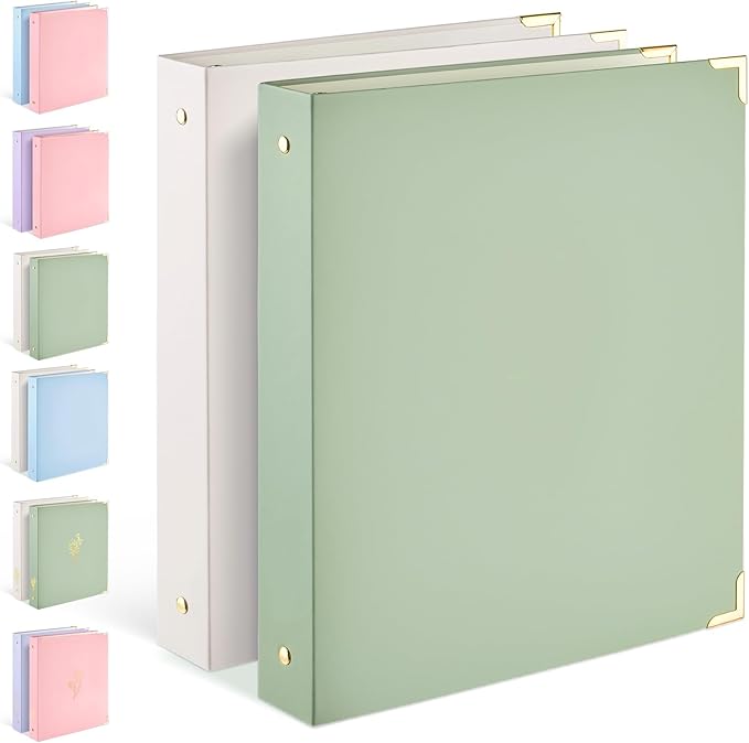 Sooez 2 Pack 3 Ring Binder with Metal Corners, Cute 1 Inch Binders Fits 175 Sheets of Paperwork, Three Ring Recipe Binder with Pocket for Women School Office Supplies, 8.5" x 11", Olive Green & Beige