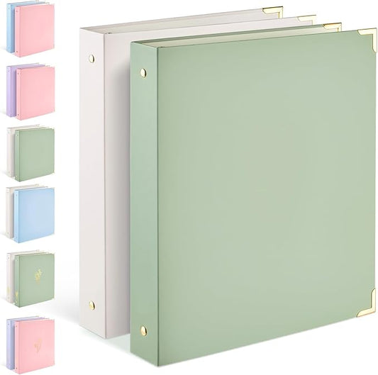 Sooez 2 Pack 3 Ring Binder with Metal Corners, Cute 1 Inch Binders Fits 175 Sheets of Paperwork, Three Ring Recipe Binder with Pocket for Women School Office Supplies, 8.5" x 11", Olive Green & Beige