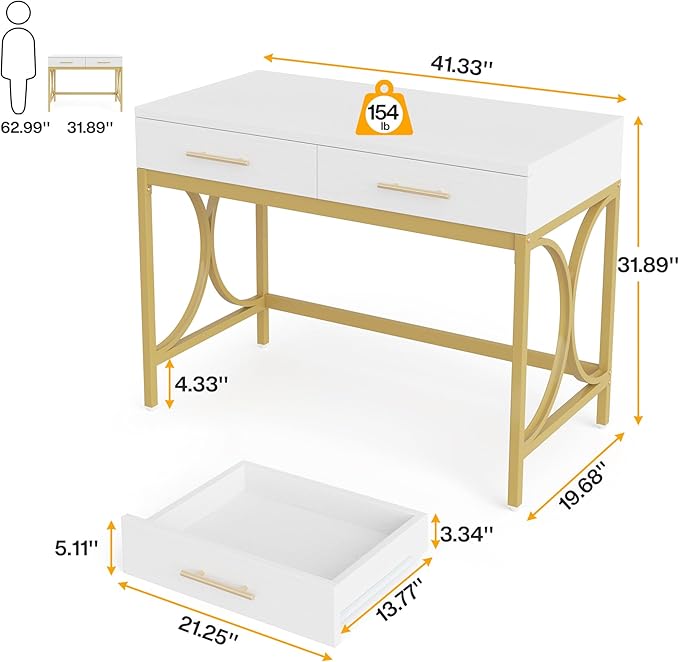 Tribesigns Modern Computer Desk with 2 Drawers Set of 2, 41 Inches Study Writing Office Desk for Home Office, Bedroom, Makeup Vanity Table Desk with Gold Metal Frame, White & Gold