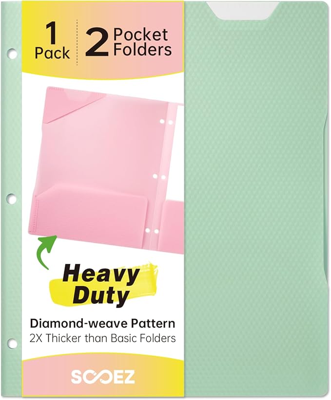 Sooez 2-Pocket Folders with Pockets, Plastic Heavy Duty, Fits 3-Ring Binder | 1 Pack Pockets Folder for 3 Ring Binder with Writable Label, Letter Size, Green