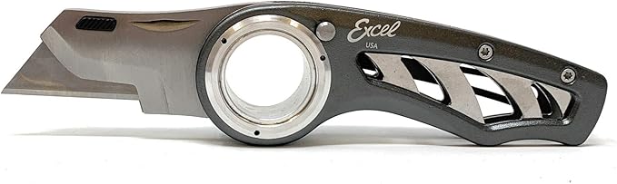 Excel Blades Revo Folding Utility Knife – Heavy-Duty Box Cutter with Aluminum Body, Quick-Change #92 Blades, 3 Lock Positions Design, Anti-Slip Finger Loop Grip, Holster Included – Grey