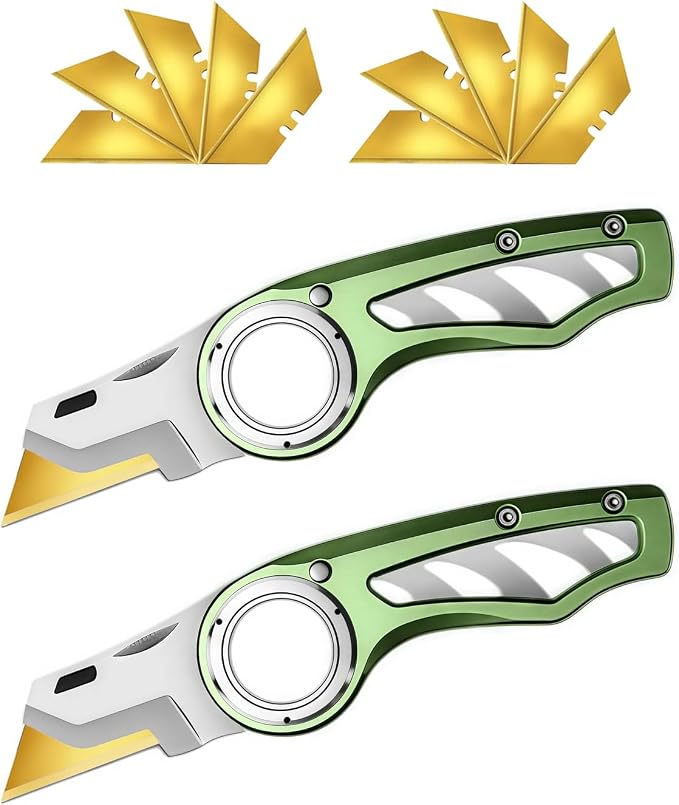 2 Pack Heavy Duty Box Cutter Pocket Folding Utility Knife with Safety Finger Loop & 10 Long-Lasting Gold Titanium Blades for Breaking Down Cardboard, for Home, Office, Warehouse (Green)