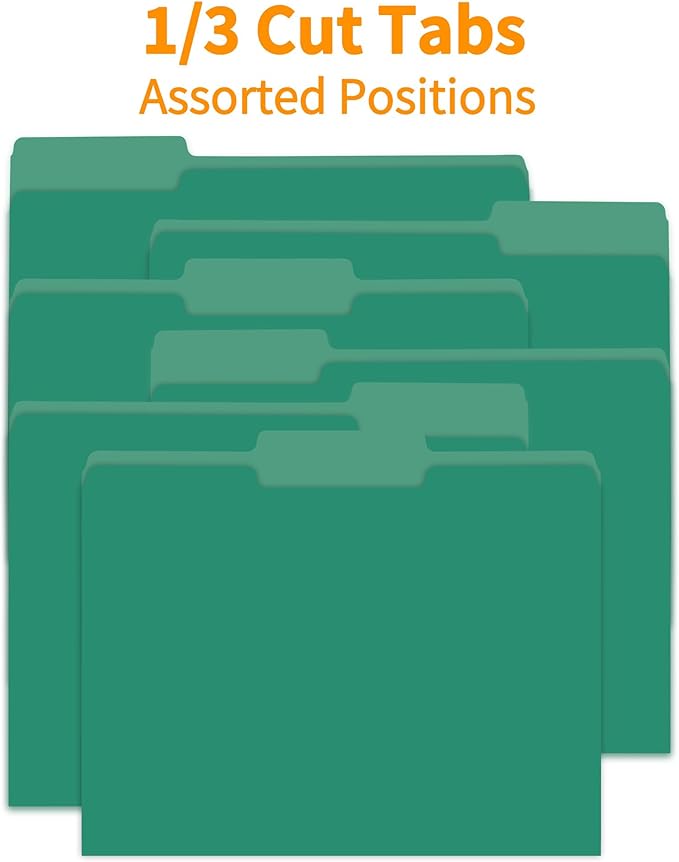 100 Packs File Folders,Green Paper Folder,1/3-Cut Tabs,File Folders Letter Size,8.5x11 Inch File Folder for Office Filing,School Projects and Home,Organizer Documents