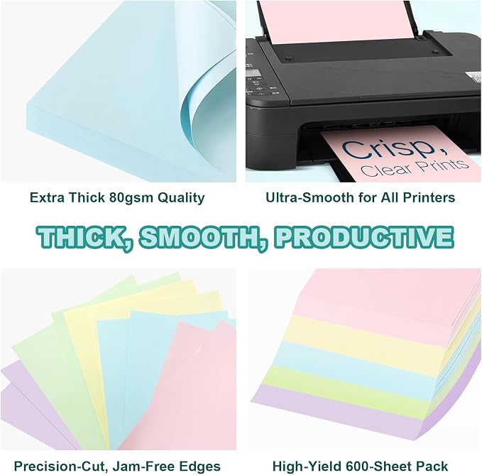 600 Sheets Colored Copy Paper 8.5" x 11", 5 Assorted Colored Printer Paper | Letter Size 80GSM Colored Paper for Printing, DIY Project, School&Office, Purple,Pink,Blue,Yellow,Green, 120 Sheets Per Color