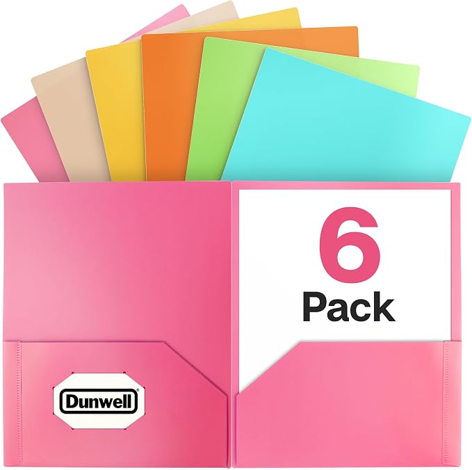 Dunwell Plastic 2-Pocket Folders, Pastel, 8.5x11, 6 Pack, Poly | Tear-Resistant, Long-Lasting Acid-Free Poly, Cleanable, Fits 8.5x11 Documents, Includes Labels