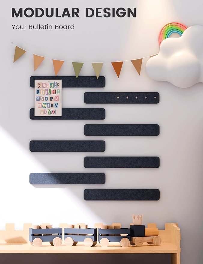 Fluxynara 13" x 2" Felt Wall Panels, Midnight Blue | 8-Pack Includes 50 Push Pins and Adhesive Tabs for Photos, Notes and Decor in Bedroom Doors, Home Office or Studios