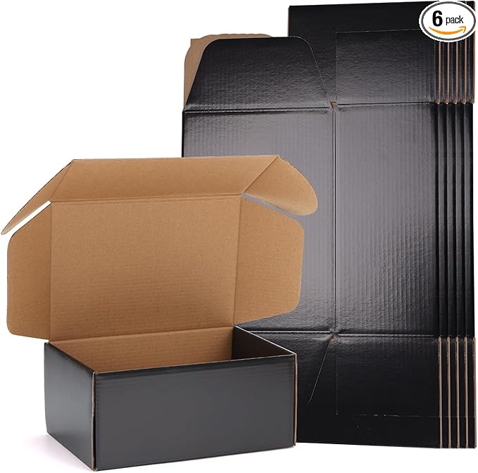 EXYGLO 6 Pack 9x6x4 Shipping Boxes, Black Corrugated Cardboard Boxes for Packaging Small Business, Moving, Shipping, Mailing, and Storing