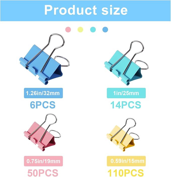 180 Pcs Binder Clips Assorted Sizes, Colored Binder Paper Clips Office Clips Office Supplies, 4 Sizes Cute Binder Clips Large Medium Small Paper Clips Paper Clamps for Home School Business (Colored)