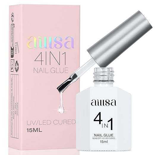 AILLSA 4 in 1 Nail Glue Gel for Acrylic Nail Tips, 15ML UV Nail Glue Long Lasting Brush On Nail Glues for Clear Fake Nail Tips and Rhinestone Pearl Foil, Lamp Curing Needed